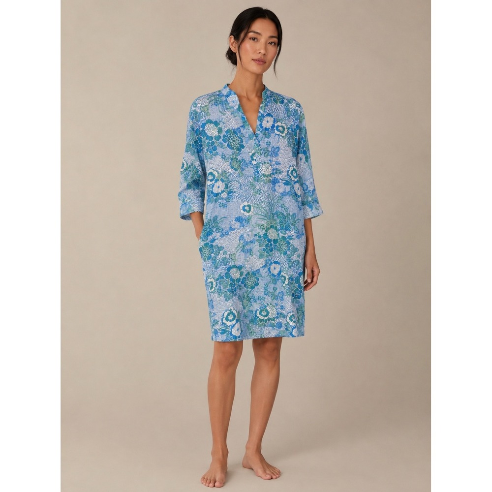 Natori Womens Blue Green Floral Geometric Caftan Casual Dress Pockets Size M